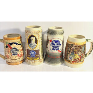 Vintage Pabst Blue Ribbon Ceramic Beer Stein Mug Lot Of 4 Collector Barware